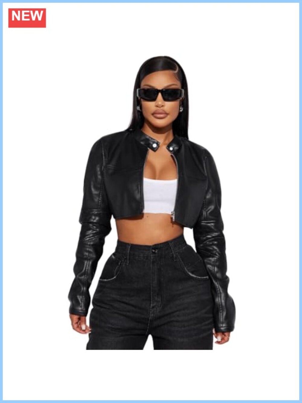 Faux Leather Cropped Moto Jacket Belted Zip Slim Fit Biker